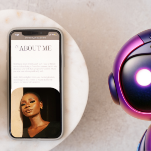 mobile phone displaying a beauty brand's website and ai helping to build and expand the brand